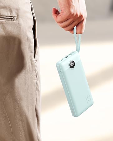 Light blue smartphone with lanyard cable design, held by hand. Demonstrates portability and ease of carrying.