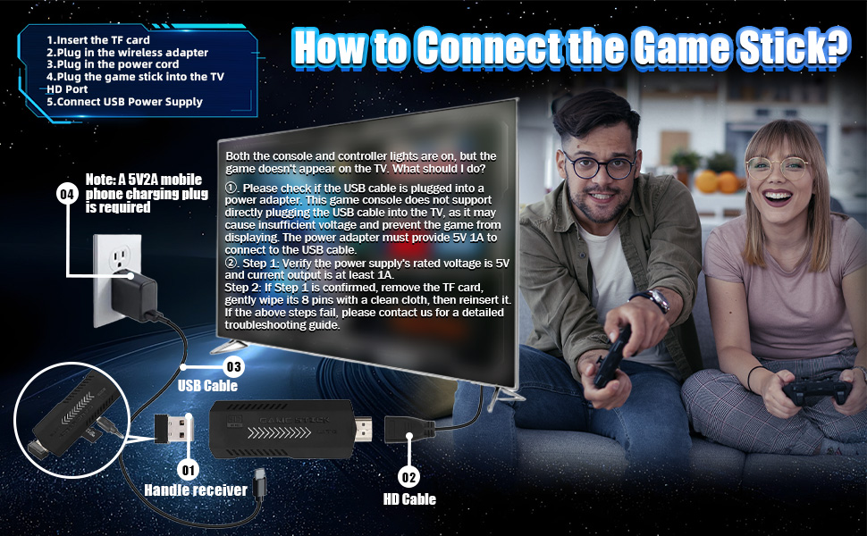 Text reads 'How to Connect the Game Stick?' Instructional diagram showing gaming device setup steps with dark background and blue illuminated interface elements.