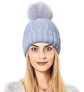 HOKEMP Womens Winter Beanie Hat, Satin Lined Women Hat Faux Fur Pom Pom Beanies Women Warm Knit H...
