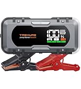 Text reads 'TREMURE Jump Starter 4000A'. Shows automotive jump starter device with red and black clamps and digital display interface.