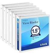 SUQJOY 1.5 Inch 3-Ring Binder, 1-1/2 Inch Round Ring Binder with 2 Inside Pockets, 6 Pack White B...