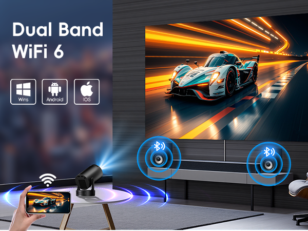 Dual Band WiFi 6 device showcased with compatibility icons for Windows, Android, and iOS. Image displays wireless connectivity to a large TV screen showing a race car.