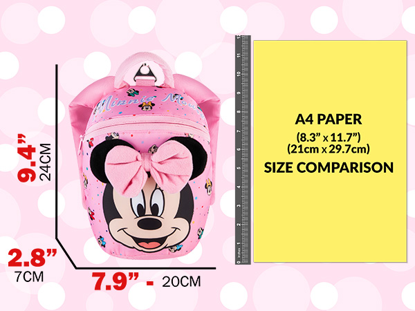Text reads 'A4 PAPER (21x29.7cm) SIZE COMPARISON'. Pink Minnie Mouse-themed backpack with bow detail shown with dimensions: '7.9