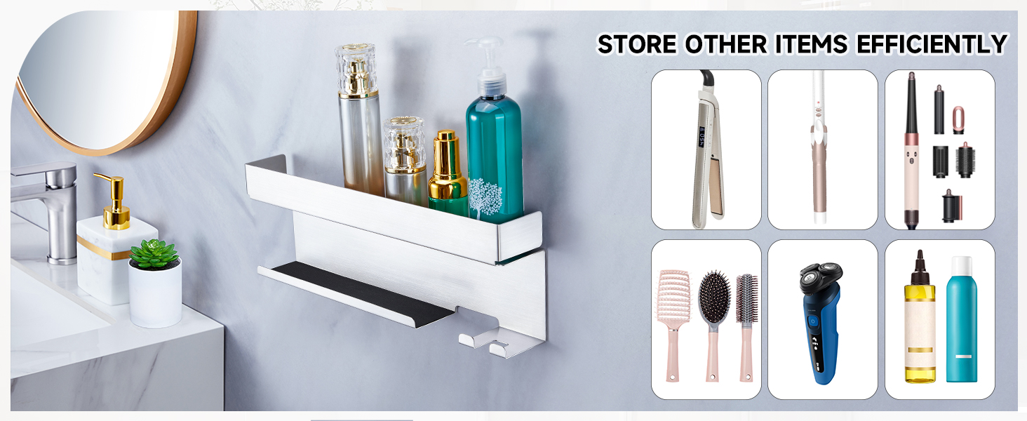 Text reads 'STORE OTHER ITEMS EFFICIENTLY'. Bathroom organization system showing wall-mounted white shelf with toiletries, plus side panels demonstrating storage options for grooming tools and products.