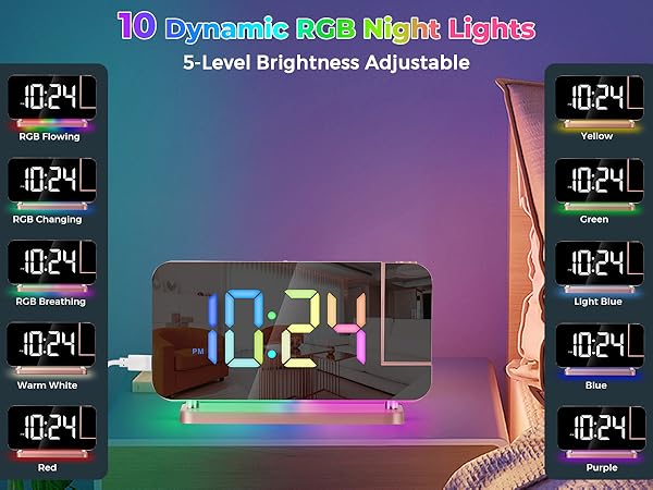 led mirror digital alarm clock with rgb night light