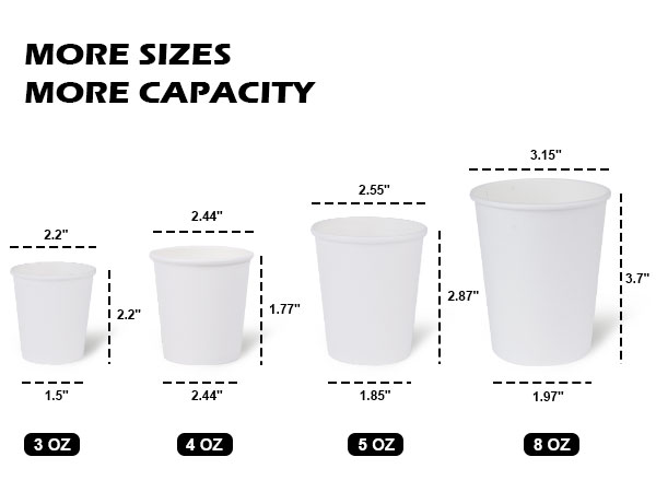 Disposable white paper cups are available in 3/4/5/8oz sizes!