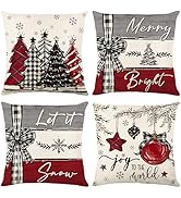 Ni-JASW Red Grey Plaid Christmas Throw Pillow Covers 18x18 inch, Farmhouse Let it Snow Tree Balls...
