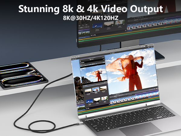 Text reads 'Stunning 8k &amp; 4k Video Output' and '8K@30HZ/4K120HZ'. Multiple panels showing laptop displaying high-resolution video content with connection cables.
