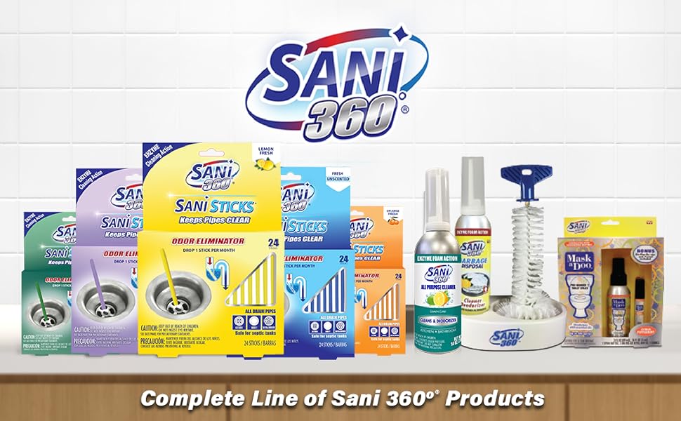 Family of Sani 360 cleaning products on a counter with white tile background. Includes tray &amp; brush.