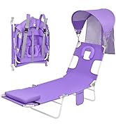 Backpack Beach Tanning Chair with Canopy Sun Shade &amp; Face Hole, 6 Position Folding Lounge Sun Cha...