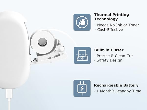 Ink-free label maker: Built-in cutter &amp; rechargeable battery