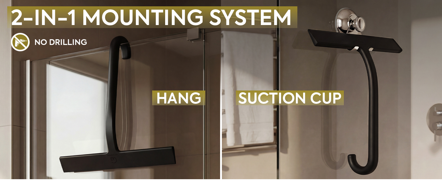 Black squeegee for shower glass with hang and suction cup mount options