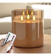 NICEME Extra Large 3 Wick Battery Operated Candle, 6"x6" Big Clear Glass Flameless Candles with R...
