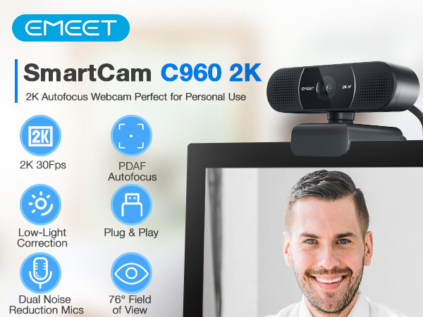 EMEET C960 2K Webcam with Microphone