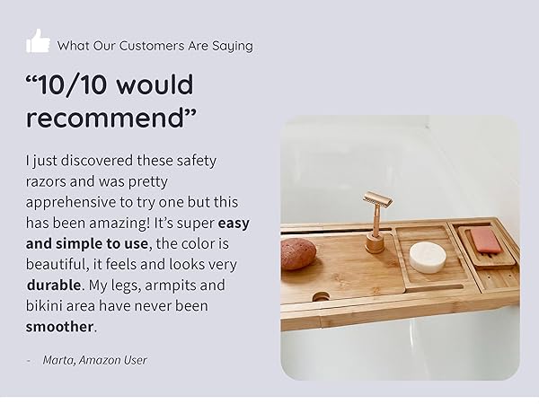 Rose gold safety razor displayed on beige surface with customer review text indicating ease of use and smooth results.