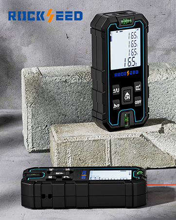 Text reads 'ROCK FEED'. Multiple views of a black electronic device with digital display mounted on concrete or stone surface.