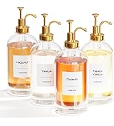 Coffee Syrup Dispenser Set- 4 Glass Bottles with Gold Pumper and Syrup Labels - Precise Dispensin...