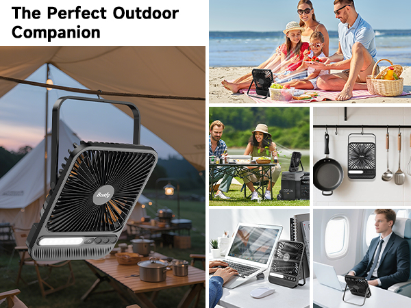 Text reads 'The Perfect Outdoor Companion.' Composite image showing multiple usage scenes: outdoor furniture, people dining, cooling fan, portable speaker, and business setting applications.