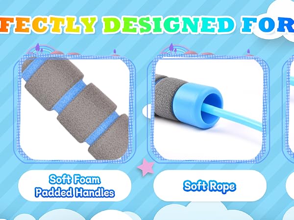Children's jump rope with soft foam padded handles, soft rope, and adjustable length. Features four panels showing product details against a blue sky background.
