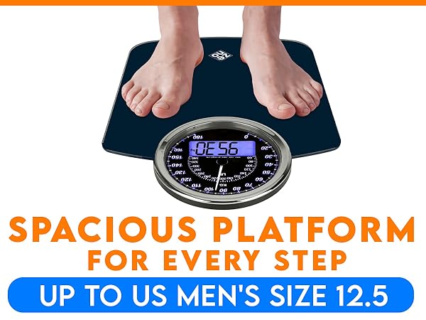 Text reads 'SPACIOUS PLATFORM' and 'UP TO MEN'S SIZE 12.5'. Collage showing weight scale platforms with measurement displays and various foot placement scenarios.