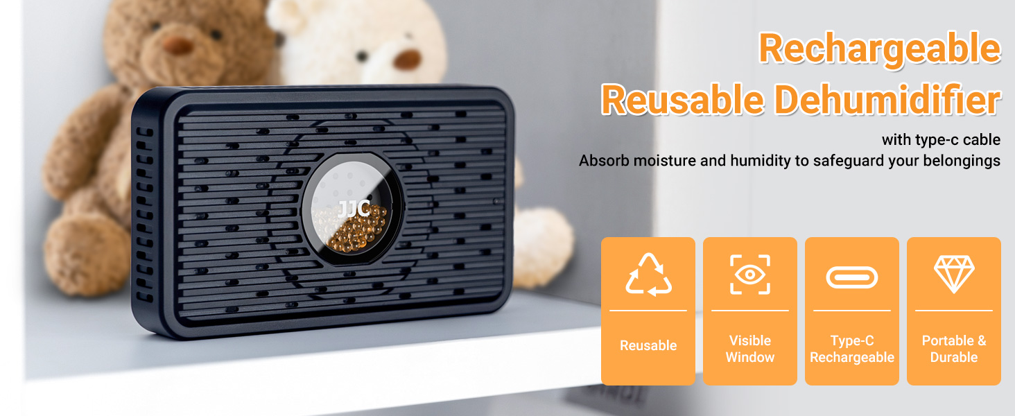 Rechargeable Reusable Desiccant Dehumidifier for Storage with USB-C Cable