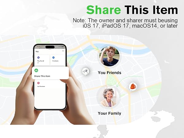 Text reads 'Share This Item'. Mobile app interface screenshots showing map view and sharing options with family and friends sections.