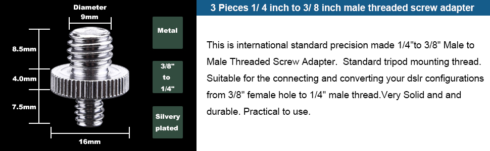 3 pieces 1/4 inch to 3/8 male screw adapter