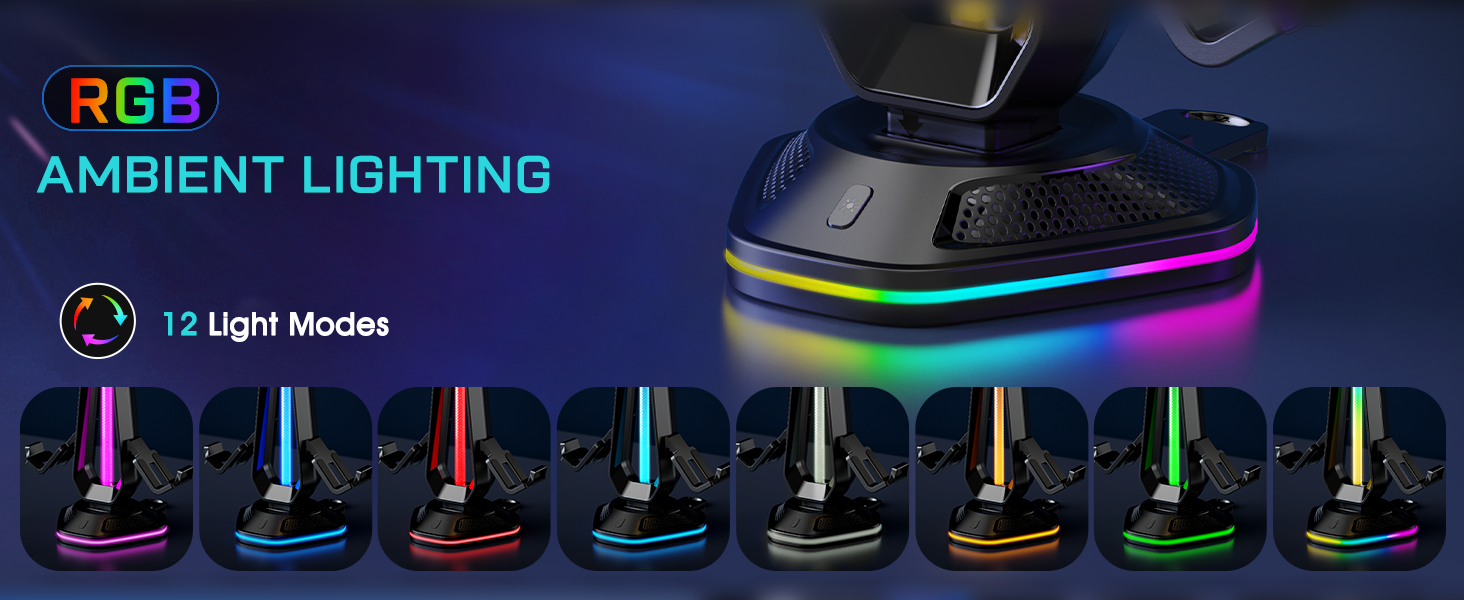 RGB Gaming Headphones Stand with 12 Light Modes, Controller Holder with 2 USB Charging Ports