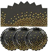 50PCS Black and Gold Paper Plates and Napkins, 7Inch Black and Gold Dot Party Supplies Disposable...