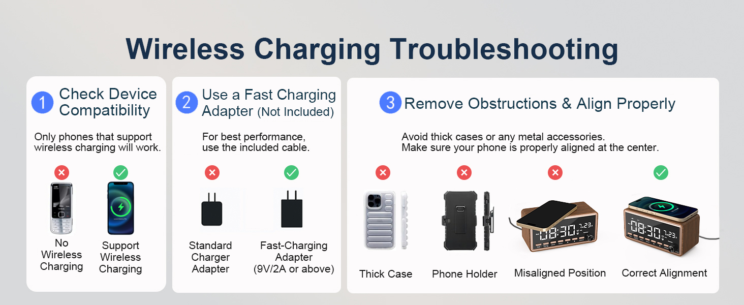 alarm clock with wireless charger troubleshooting