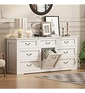 UPOSOJA 63" Wide Farmhouse 7-Drawer Dresser with 2 Laundry Hamper for Bedroom,Chest of Drawers, G...