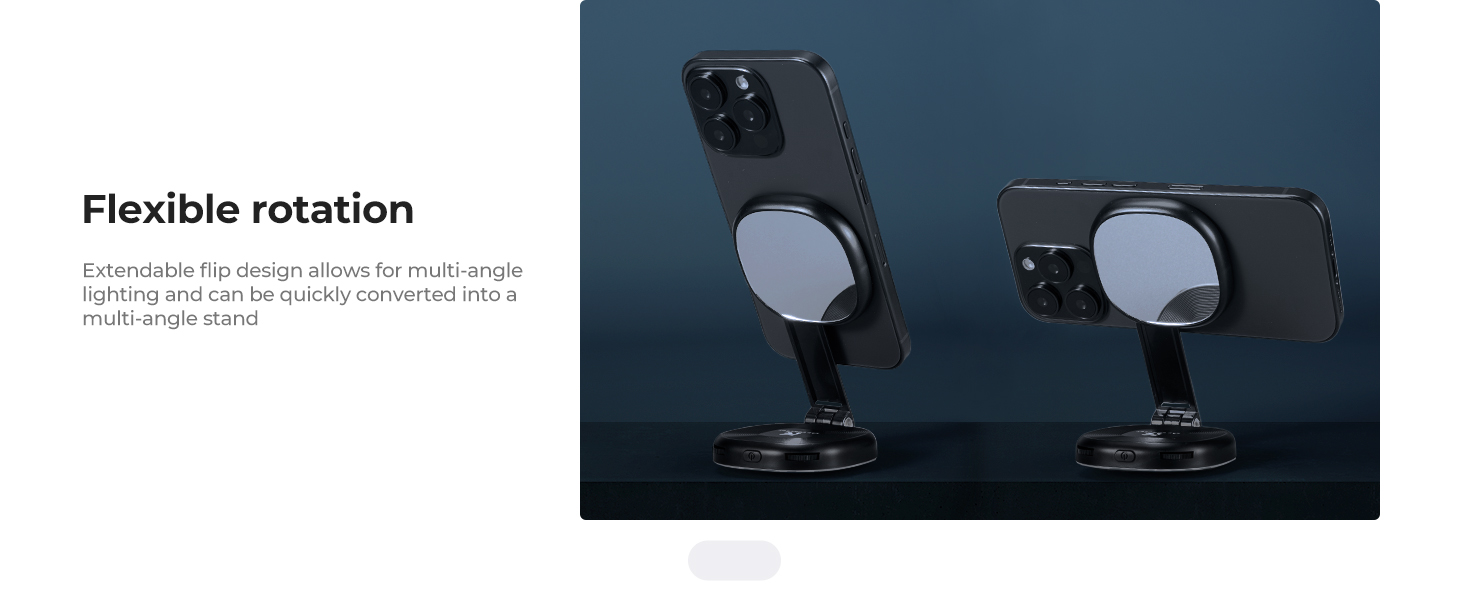 Text reads 'Flexible rotation'. Industrial lighting system showing adjustable lamp fixtures mounted on ceiling track with warm-toned glass shades and metal arms.