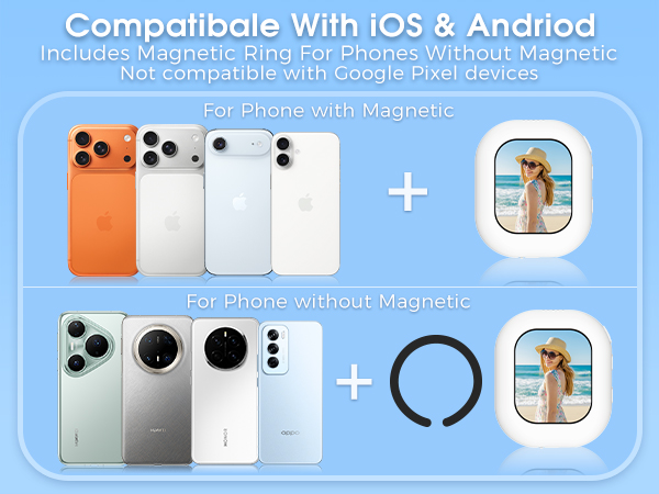 Text reads 'Compatible With iOS &amp; Android' and 'Not compatible with Google Pixel devices'. Product diagram showing phone accessories with magnetic ring attachments and case options.