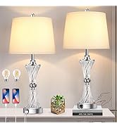Set of 2 Touch Control Crystal Table Lamps with 2 USB Charging Ports, 3 Way Dimmable Modern Bedsi...