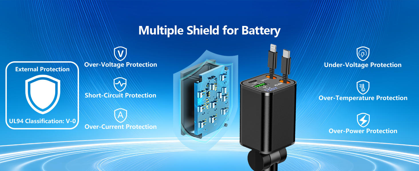 MFi Certified 4 in 1 Retractable Car Charger 120W USB C Car Charger Cigarette Lighter Adapter