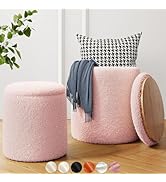 Boucle Pink Storage Ottoman Set of 2, Round Sherpa Ottoman with Storage, Small Vanity Stool with ...