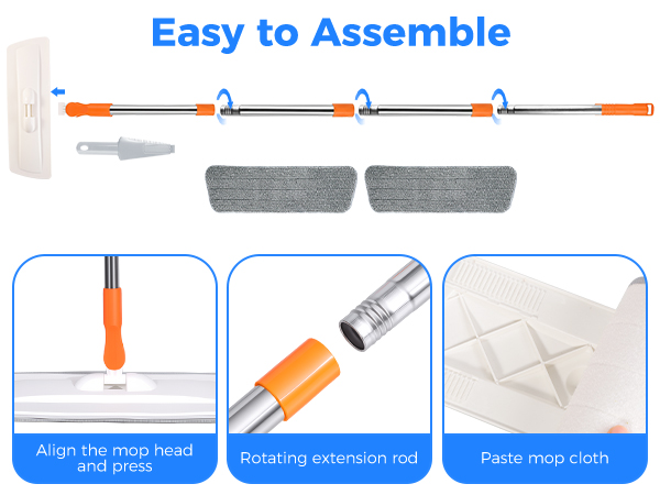 Text reads 'Easy to Assemble'. Assembly instruction diagram showing orange rod components, extension mop, plastic mop cloth, with three step-by-step installation visual guides below indicating adjustment, extension, and mop cloth attachment.