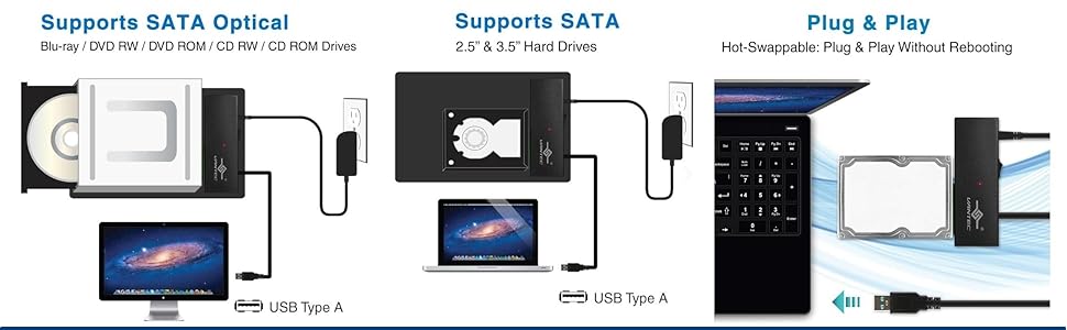 USB 3.0, Optical Adapter, HDD adapter, SSD adapter, 2.5", 3.5", SATA I/II/III, 6Gbps