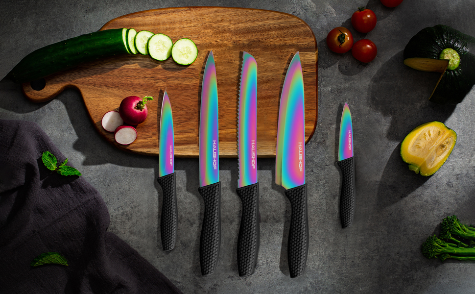 HAUSHOF Kitchen Chef Knife Set, 5 PCS knife sets for kitchen with block