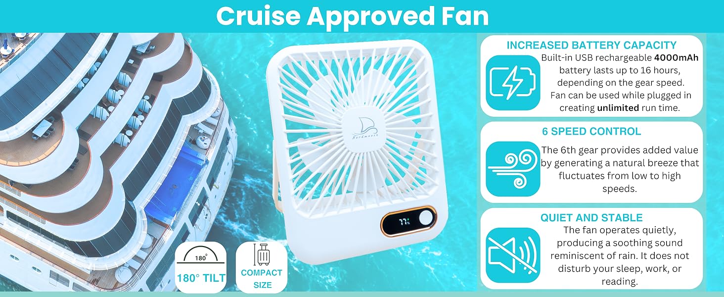 cruise fan, fan for cruise cabin approved, rechargeable desk fan, office table fan