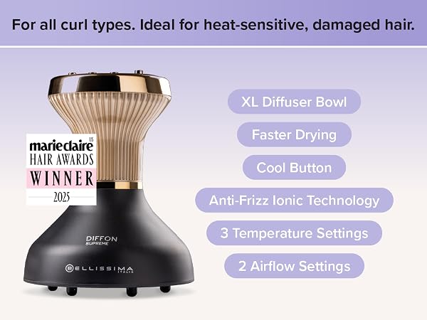 Diffon Supreme Diffuser For all curl types and hair lengths. Great for heat-sensitive/damaged hair.