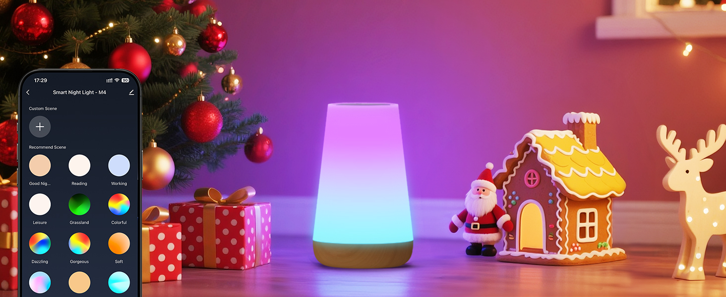 Color-changing LED lamp in a festive holiday setting with gingerbread house, reindeer decorations, and Christmas ornaments.