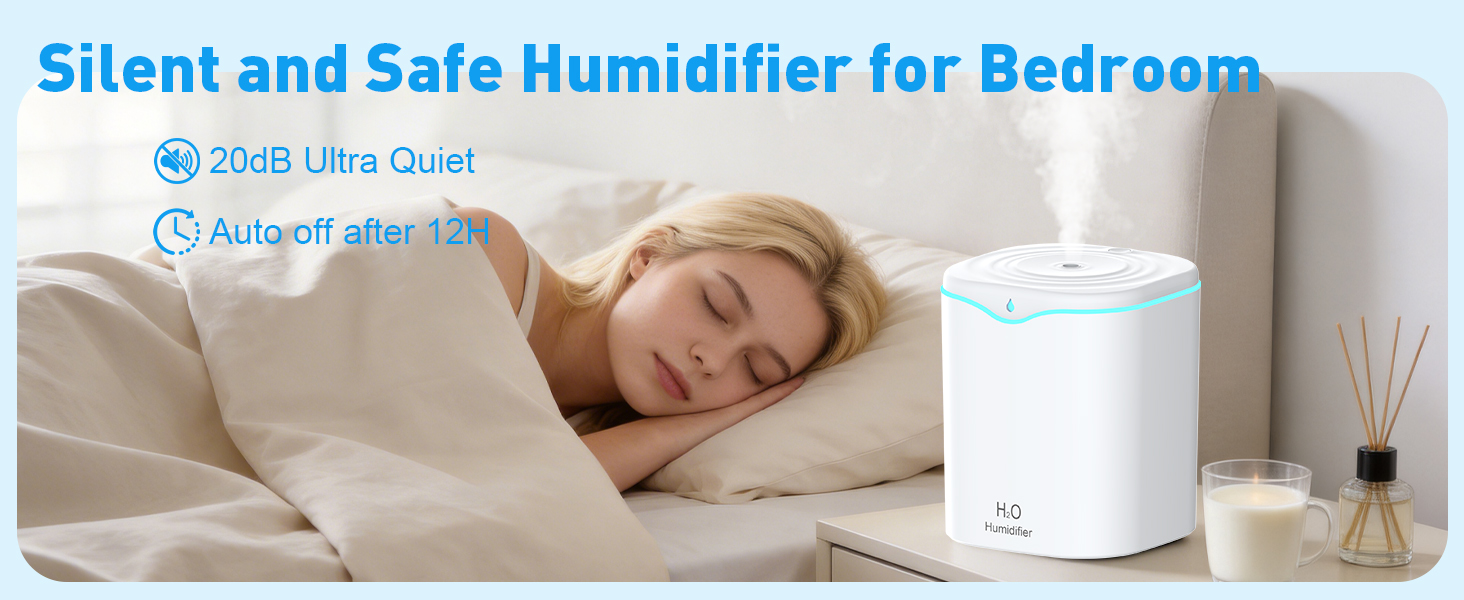 iucpss humidifier large room silent and safe humidifier for bedroom, 12H auto-off, 20db low noise