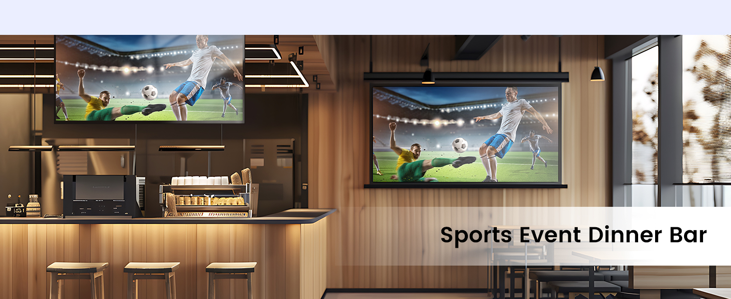 Modern sports bar interior with wooden paneling, multiple mounted TVs displaying soccer matches, and 'Sports Event Dinner Bar' signage.