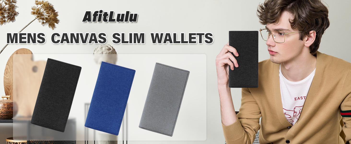 Men's canvas slim wallets displayed in four colors: tan, black, blue, and gray. A person holds a black wallet, demonstrating its compact size.