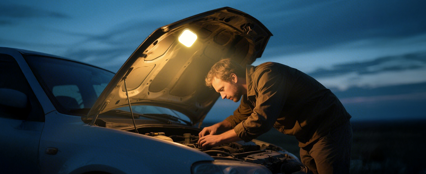 Person examining car engine under open hood at night, illuminated by hood light against dark blue sky.
