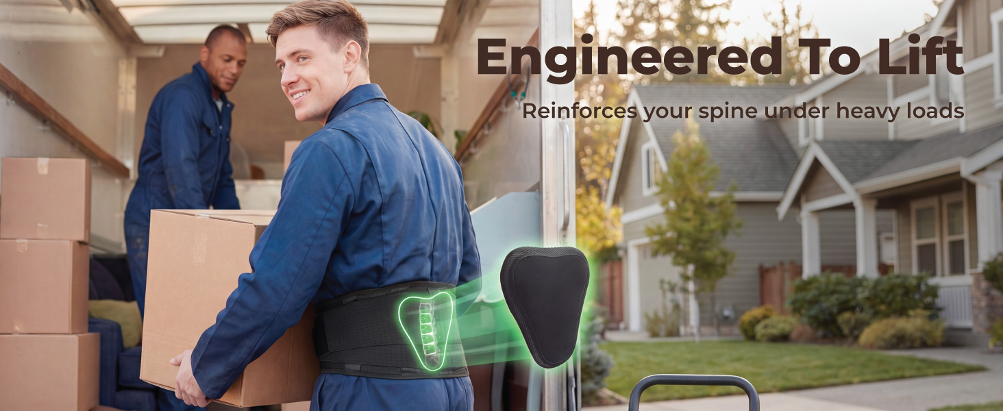 Worker safely lifting heavy box wearing Sparthos back brace featuring lumbar pad for spine support