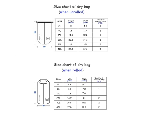 Size Chart of OMGear waterproof dry sack