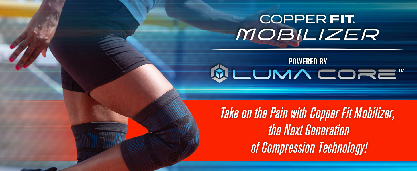 Athlete wearing Copper Fit Mobilizer knee sleeves powered by Luma Core, next-generation compression