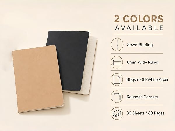 2 COLORS Wide Ruled 80gsm Off-White Paper Rounded Corners 60 Pages